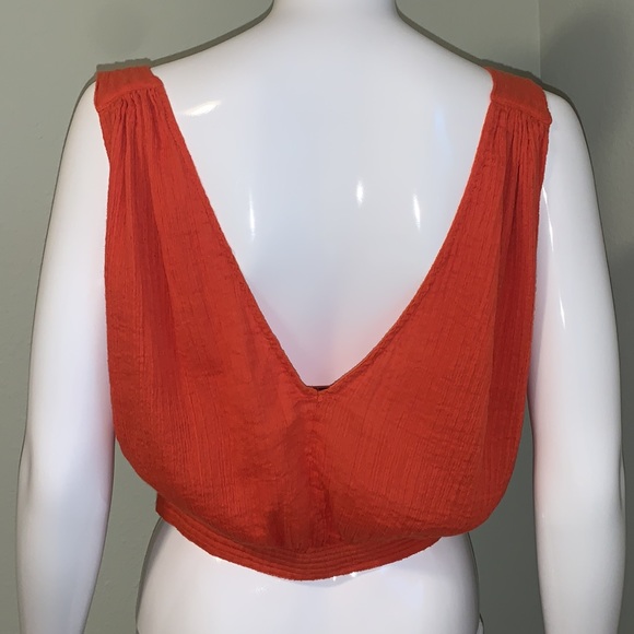 Free People Red Tangerine Orange Boho V- Neck Crop Top - Picture 7 of 9